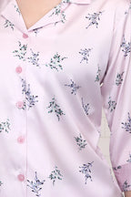 Velure Dazzling Floral Print Satin Night Suit - Velure - - 3/4 Sleeves, Collar Neck, Floral Print, Front Button Open, Full Length Pant