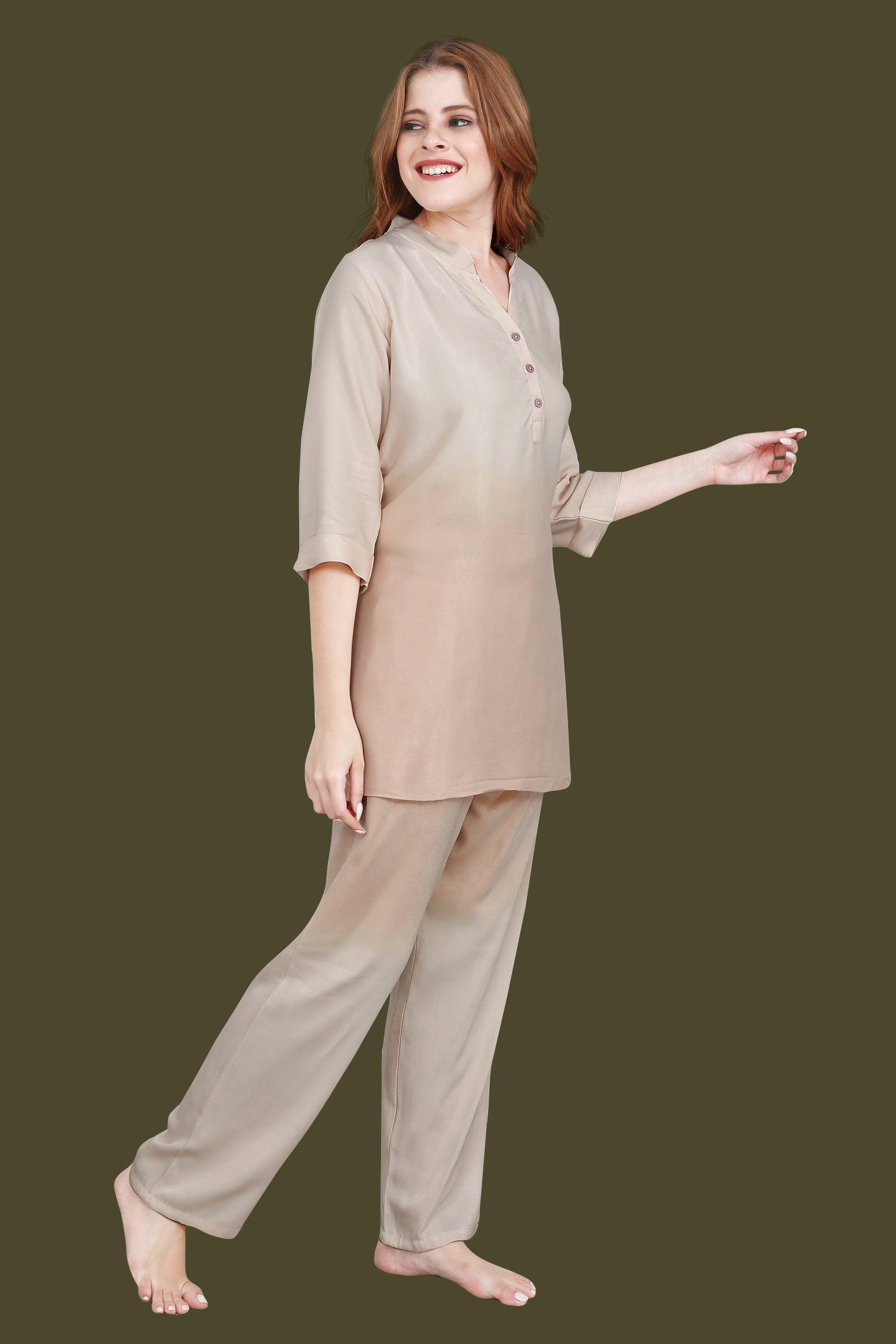 Velure Trendy Dual Shade Kurti Style Night Suit - Velure - Long Top and Pant - 3/4 Sleeves, Collar Neck, Cotton, Front Button Open, Full Length Pant