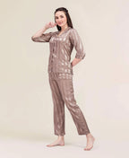 Velure Classic Strippes Night Suit - Velure - - 3/4 Sleeves, Collar Neck, Front Button Open, Full Length Pant, Satin, Stripes
