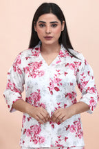Velure Pleasant Floral Print Satin Night Suit - Velure - - 3/4 Sleeves, Collar Neck, Floral Print, Front Button Open, Full Length Pant, Satin