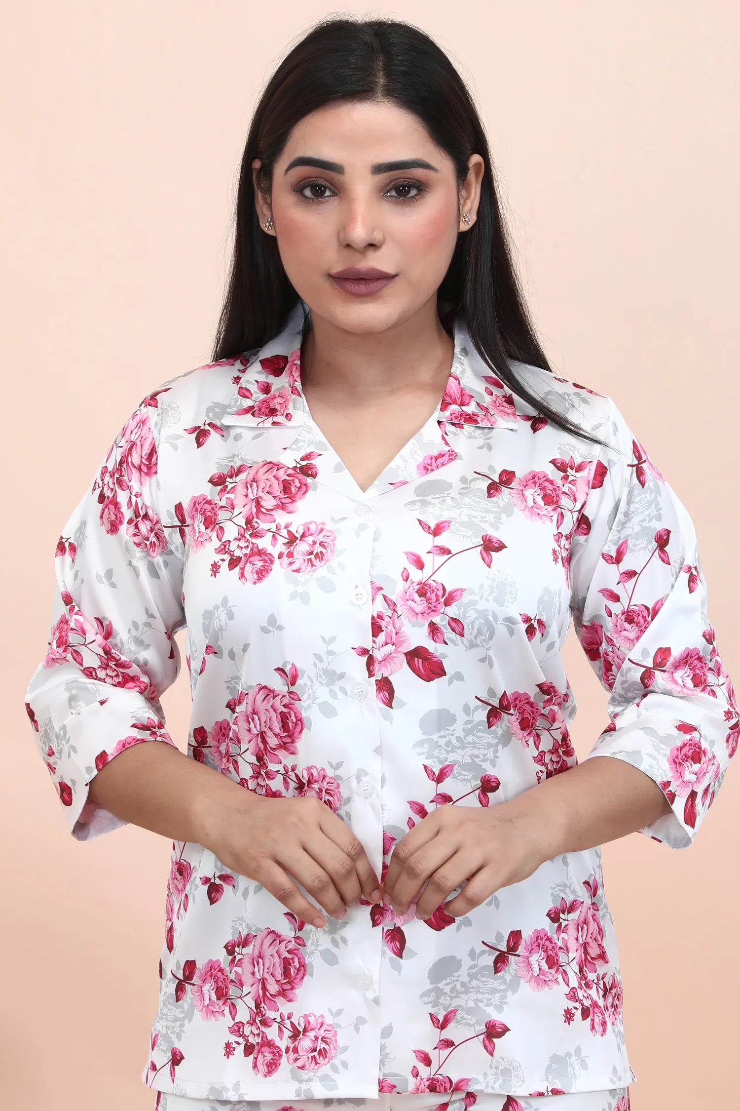 Velure Pleasant Floral Print Satin Night Suit - Velure - - 3/4 Sleeves, Collar Neck, Floral Print, Front Button Open, Full Length Pant, Satin