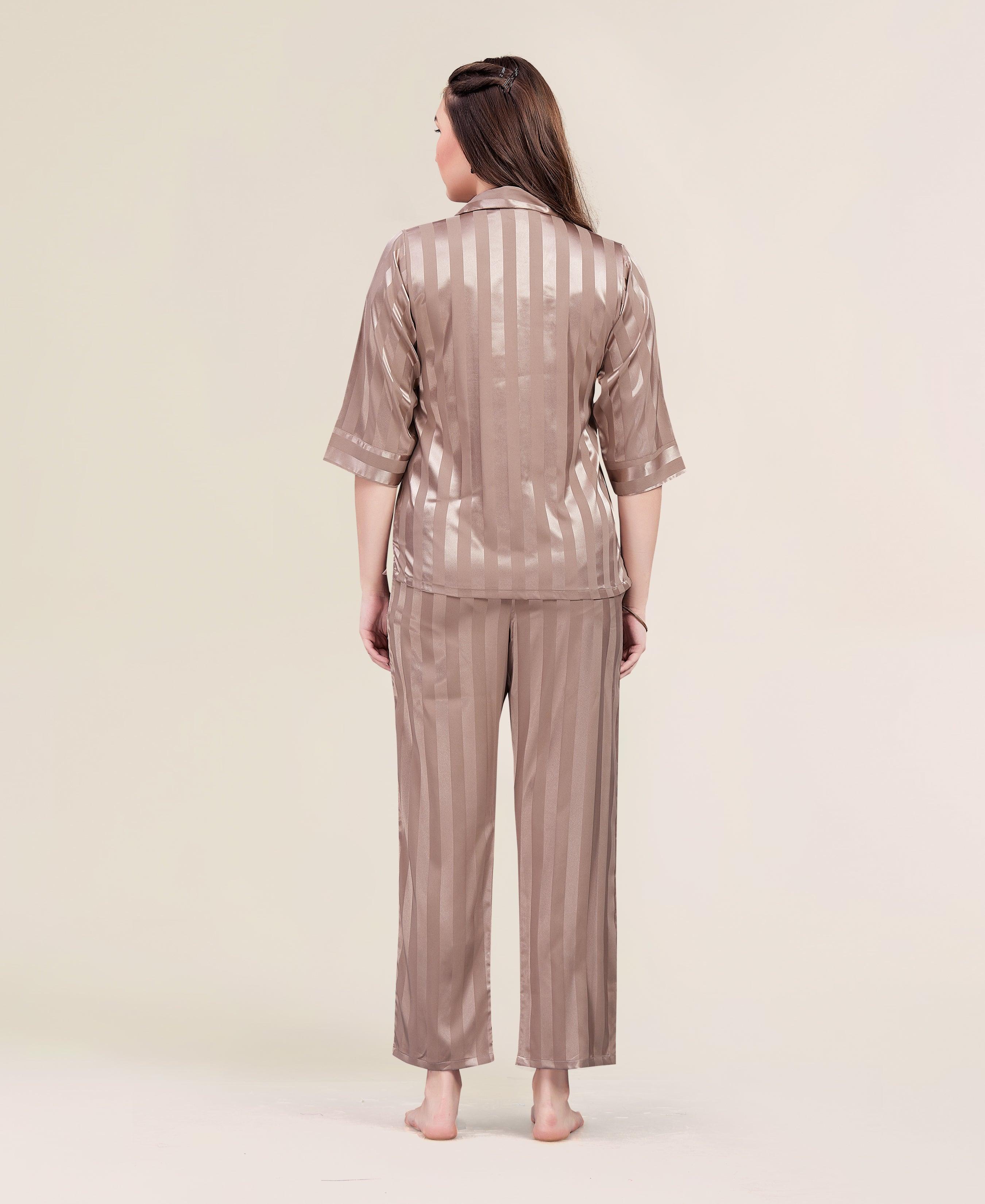 Velure Classic Stripes Night Suit - Velure - Shirt and Pant - 3/4 Sleeves, Collar Neck, Front Button Open, Full Length Pant, Satin, Stripes