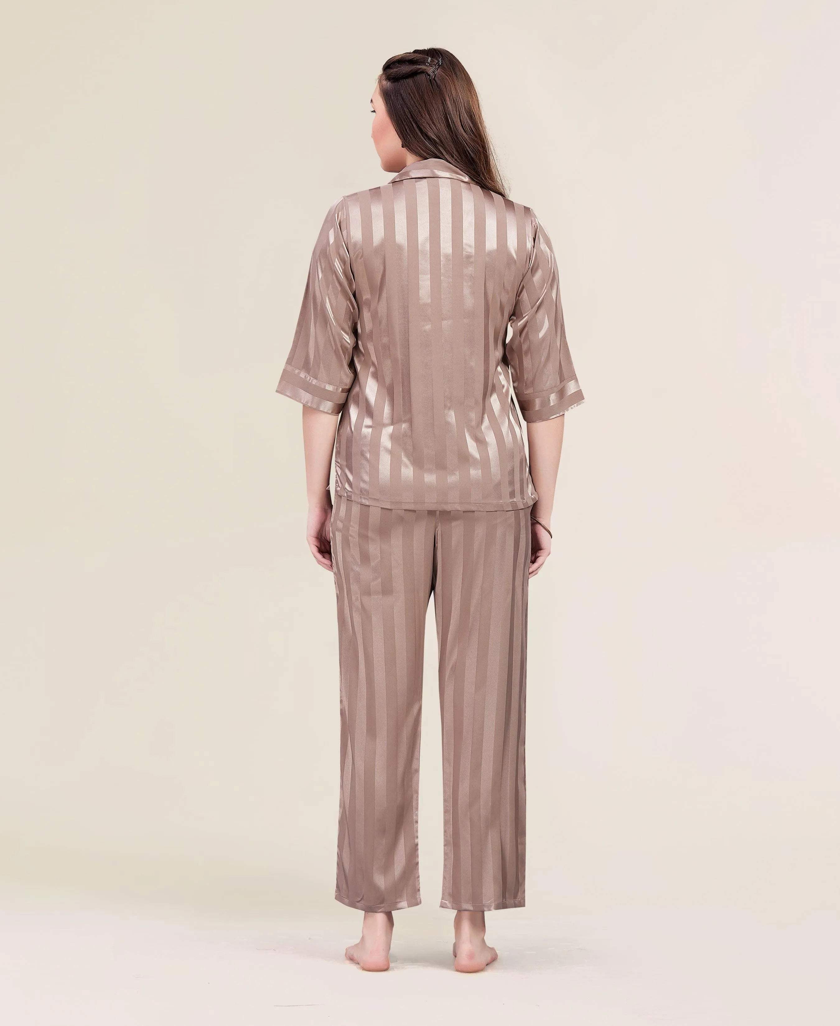 Velure Classic Strippes Night Suit - Velure - - 3/4 Sleeves, Collar Neck, Front Button Open, Full Length Pant, Satin, Stripes