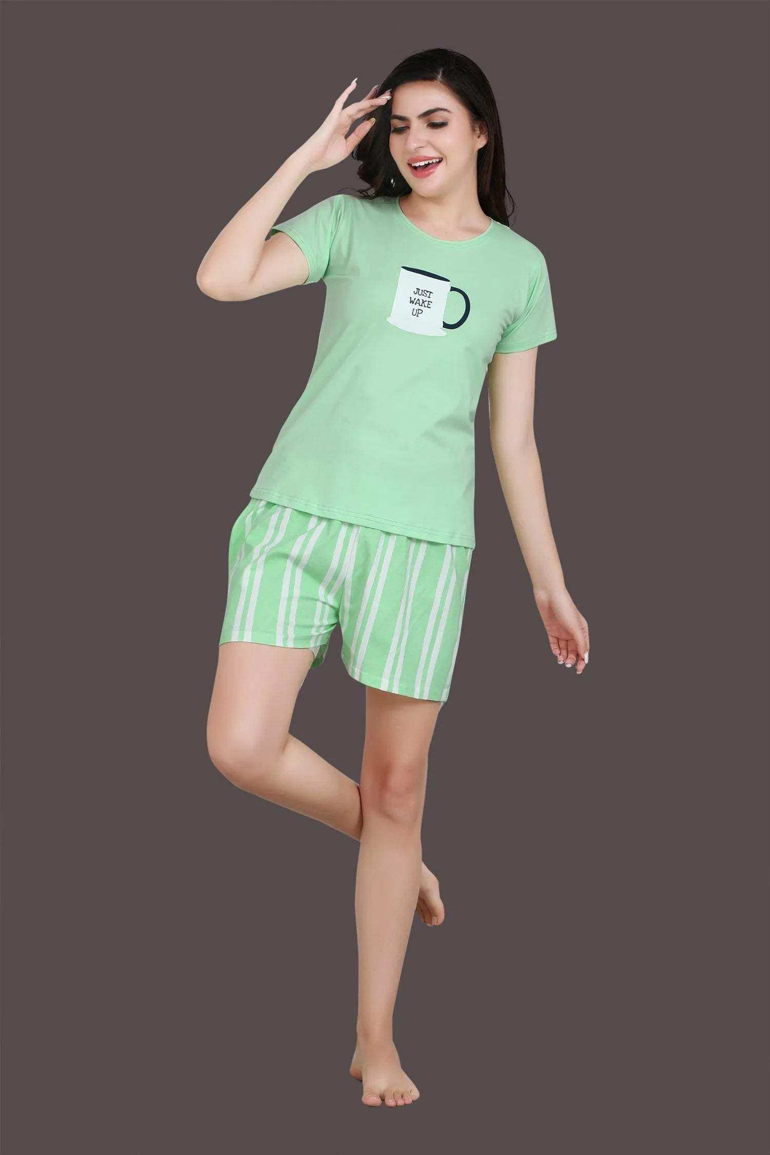 Velure Just Wake Up Shorts Set - Velure - - Cotton Lycra Fabric, Half Sleeves, Printed, Round neck