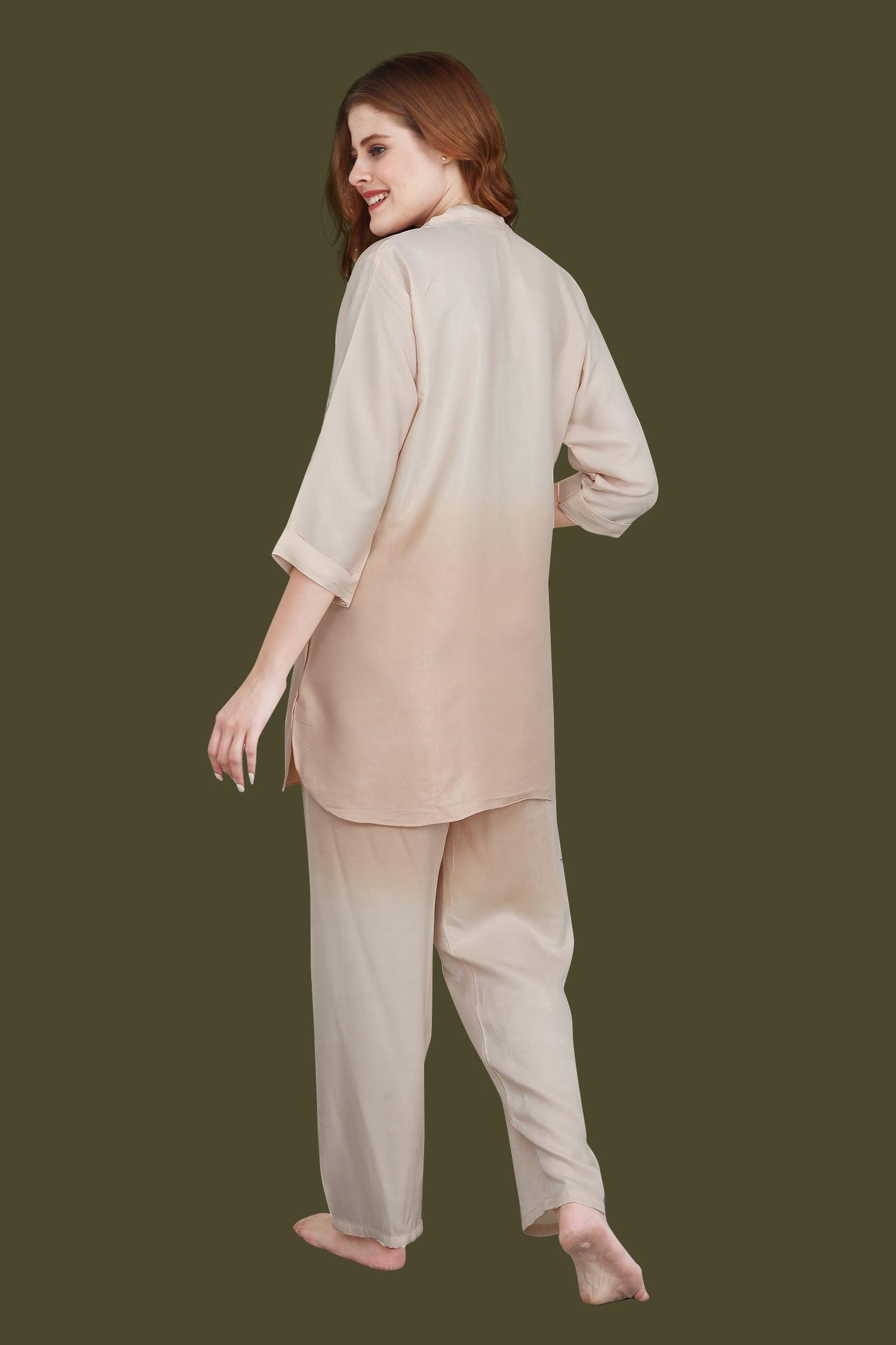 Velure Trendy Dual Shade Kurti Style Night Suit - Velure - Long Top and Pant - 3/4 Sleeves, Collar Neck, Cotton, Front Button Open, Full Length Pant