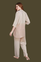 Velure Trendy Dual Shade Kurti Style Night Suit - Velure - - 3/4 Sleeves, Collar Neck, Cotton, Front Button Open, Full Length Pant