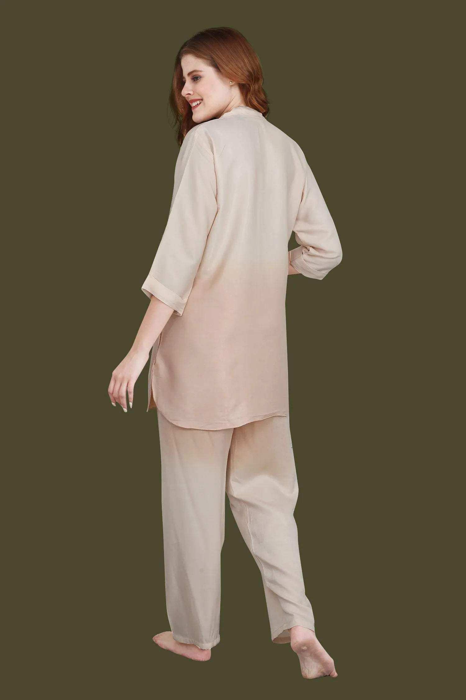 Velure Trendy Dual Shade Kurti Style Night Suit - Velure - - 3/4 Sleeves, Collar Neck, Cotton, Front Button Open, Full Length Pant