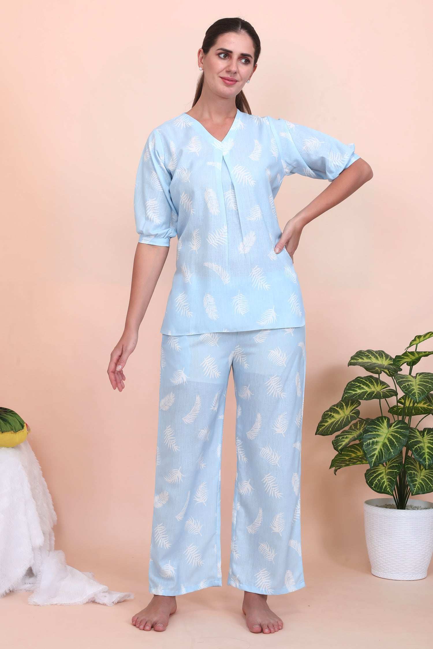 Velure Vintage Blue Leaves Print Co-ord Set - Velure - - 3/4 Sleeves, Cotton, Full Length Pant, V Neck