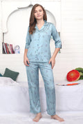 Velure Charming Floral Print Satin Night Suit - Velure - - 3/4 Sleeves, Collar Neck, Floral Print, Front Button Open, Full Length Pant, Satin