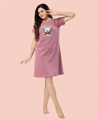 Velure Cheerful Teddy Print Short Nighty - Velure - - Cotton, Half Sleeves, Knee Length, Printed, Round neck