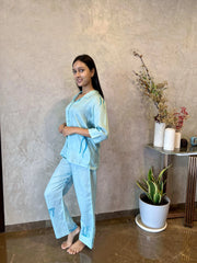 Velure Trendy Bow Print Cotton Night Suit. - Velure - - 3/4 Sleeves, Collar Neck, Cotton, Front Button Open, Full Length Pant