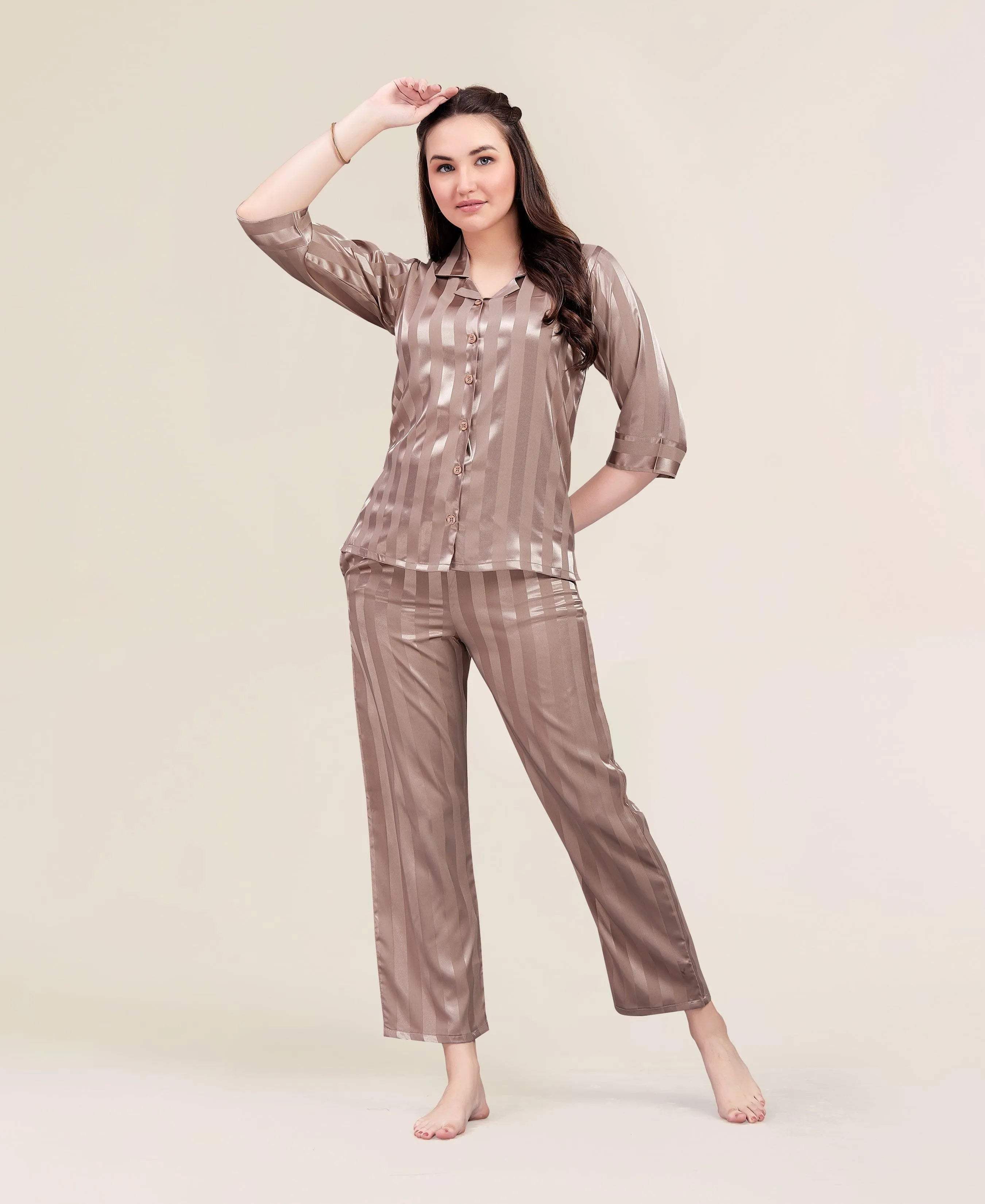 Velure Classic Strippes Night Suit - Velure - - 3/4 Sleeves, Collar Neck, Front Button Open, Full Length Pant, Satin, Stripes
