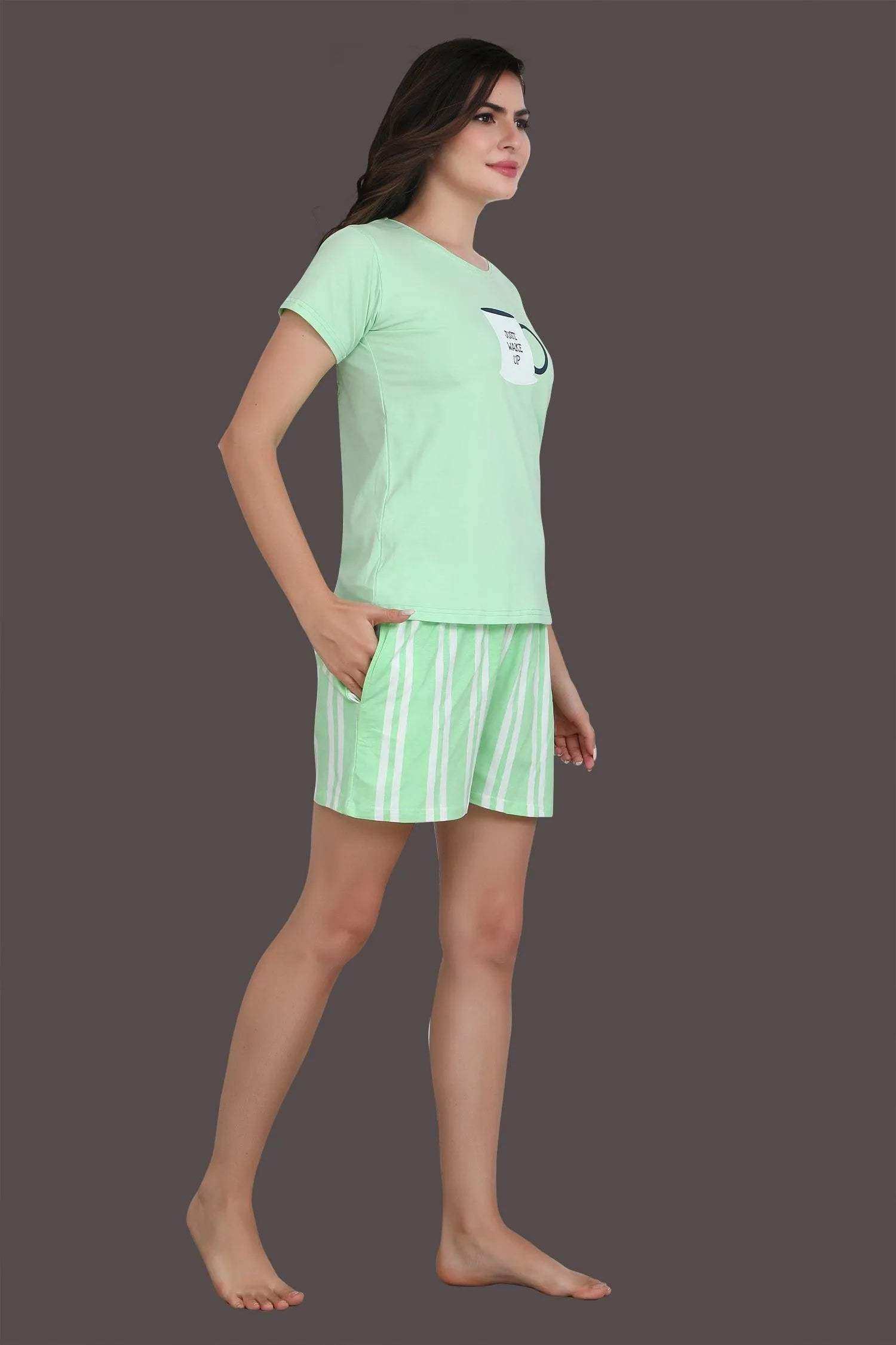 Velure Just Wake Up Shorts Set - Velure - - Cotton Lycra Fabric, Half Sleeves, Printed, Round neck