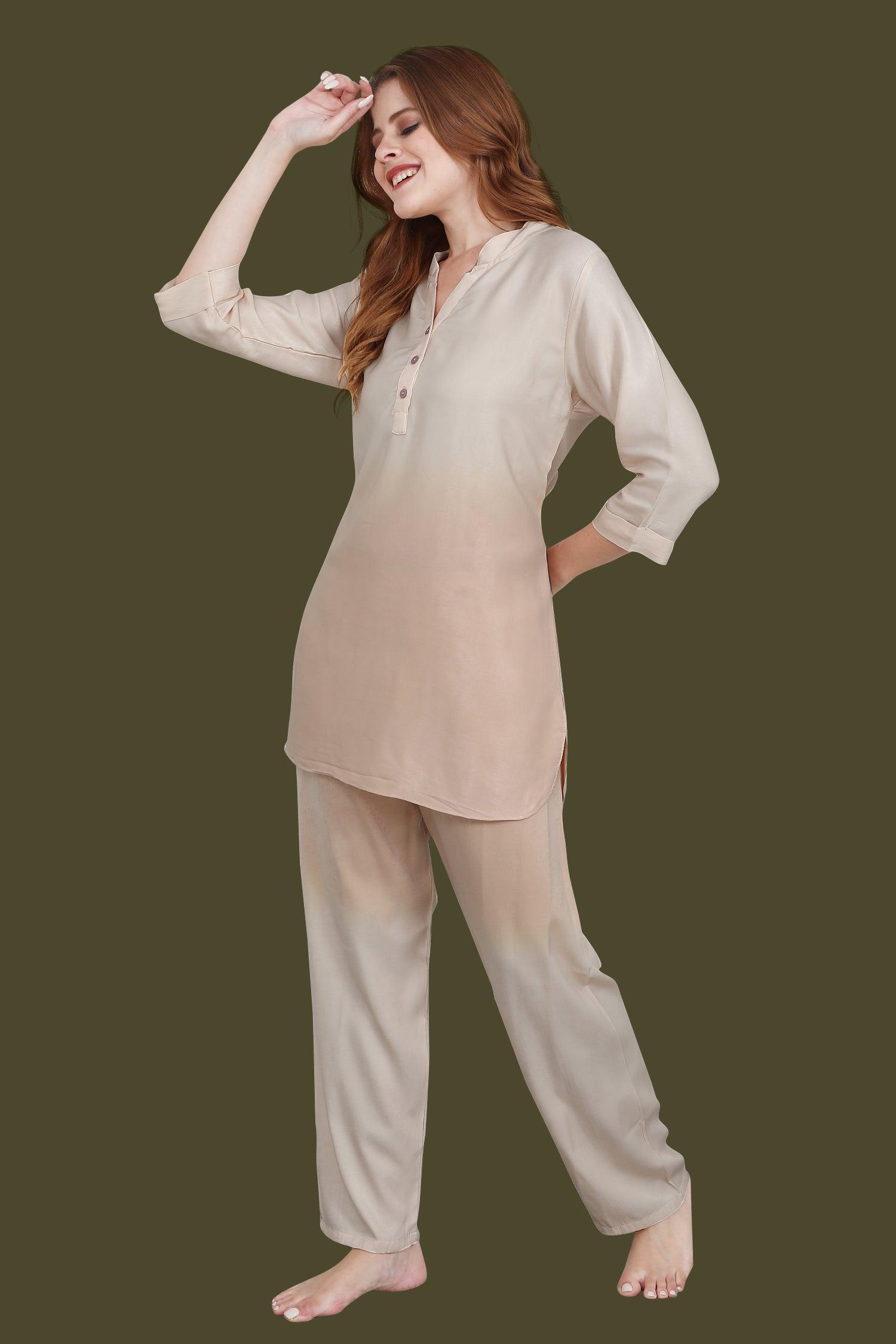 Velure Trendy Dual Shade Kurti Style Night Suit - Velure - Long Top and Pant - 3/4 Sleeves, Collar Neck, Cotton, Front Button Open, Full Length Pant