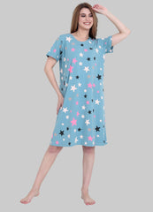 Velure Stars Print Short Nighty - Velure - Short Nighty - Cotton, Half Sleeves, Knee Length, Printed, Round neck