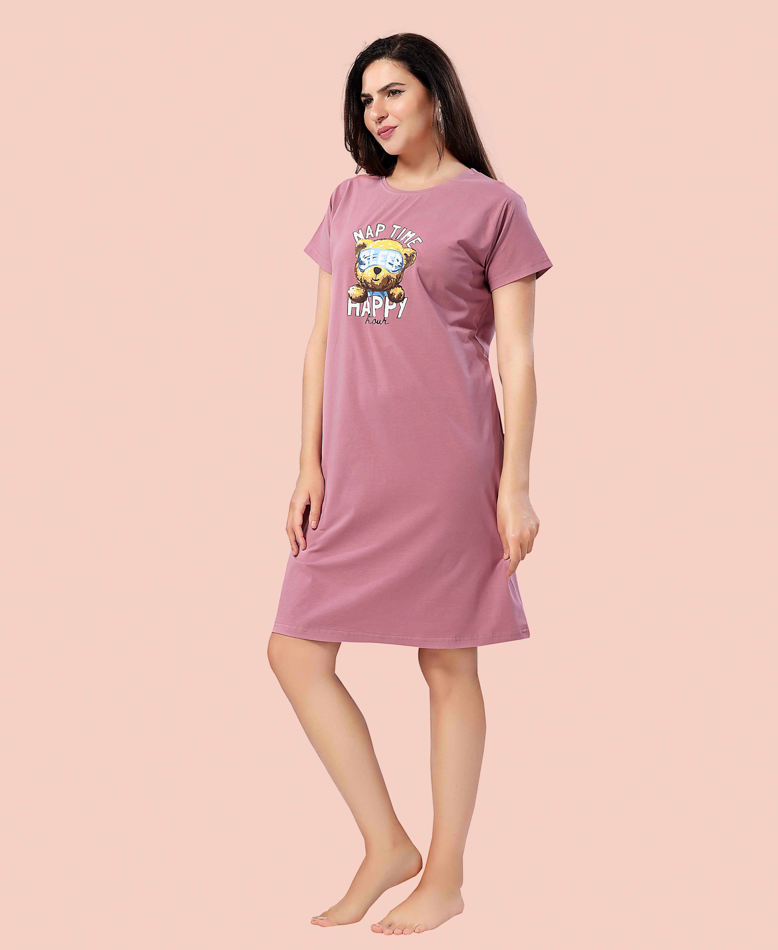 Velure Cheerful Teddy Print Short Nighty - Velure - - Cotton, Half Sleeves, Knee Length, Printed, Round neck