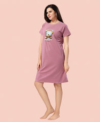 Velure Cheerful Teddy Print Short Nighty - Velure - - Cotton, Half Sleeves, Knee Length, Printed, Round neck