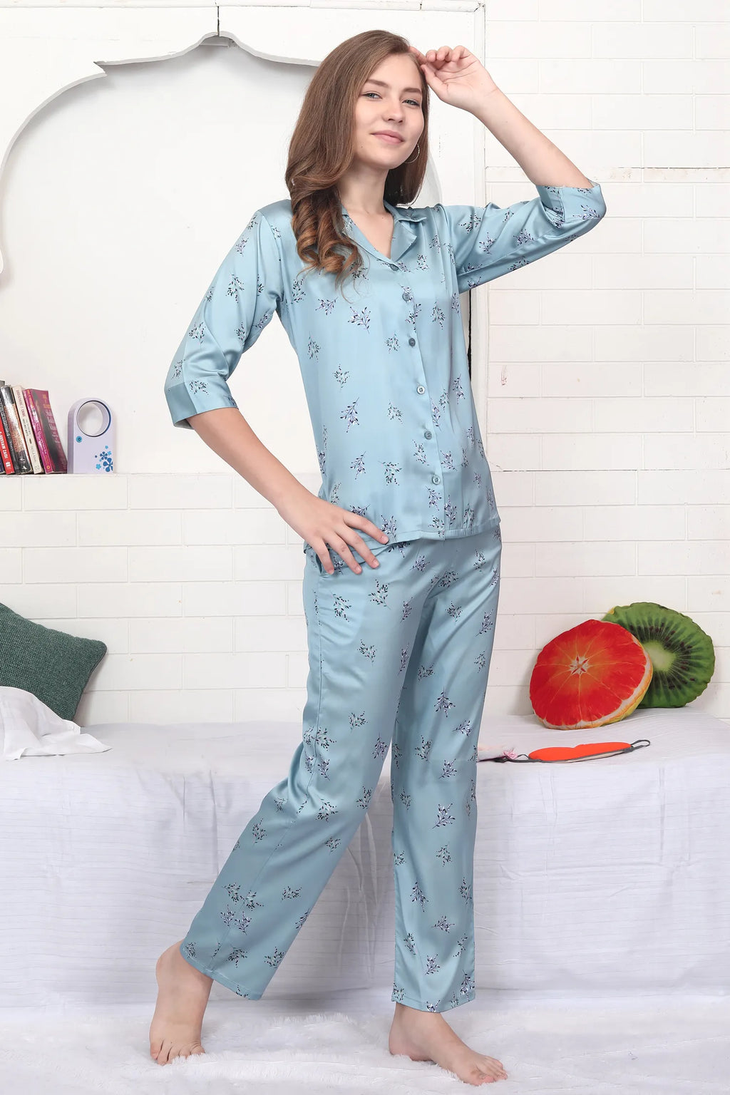 Velure Charming Floral Print Satin Night Suit