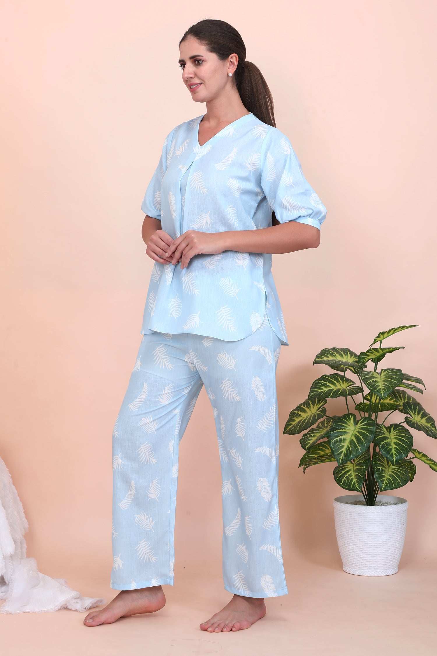 Velure Vintage Blue Leaves Print Co-ord Set - Velure - - 3/4 Sleeves, Cotton, Full Length Pant, V Neck