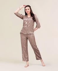 Velure Classic Stripes Night Suit - Velure - Shirt and Pant - 3/4 Sleeves, Collar Neck, Front Button Open, Full Length Pant, Satin, Stripes