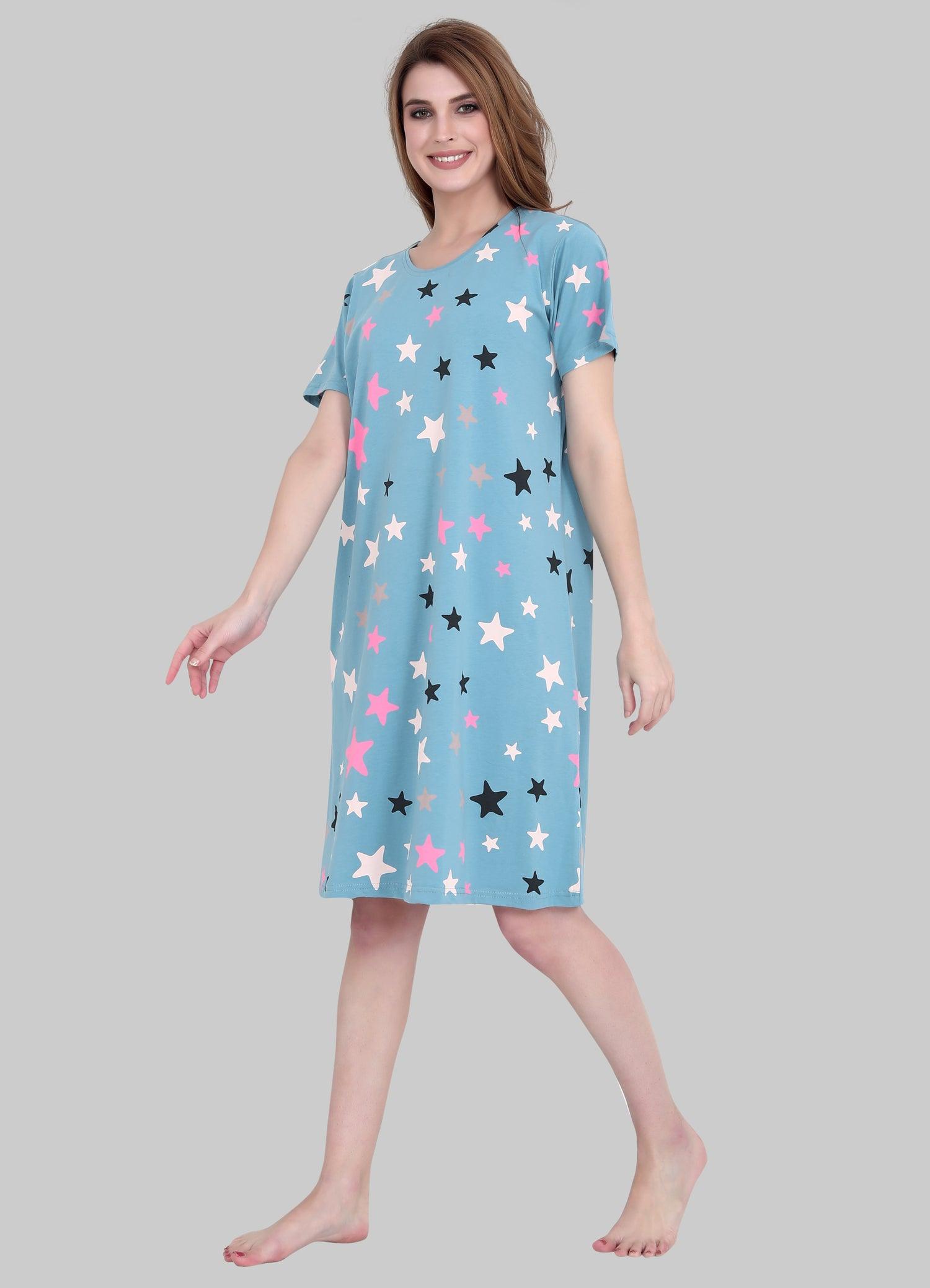 Velure Stars Print Short Nighty - Velure - Short Nighty - Cotton, Half Sleeves, Knee Length, Printed, Round neck