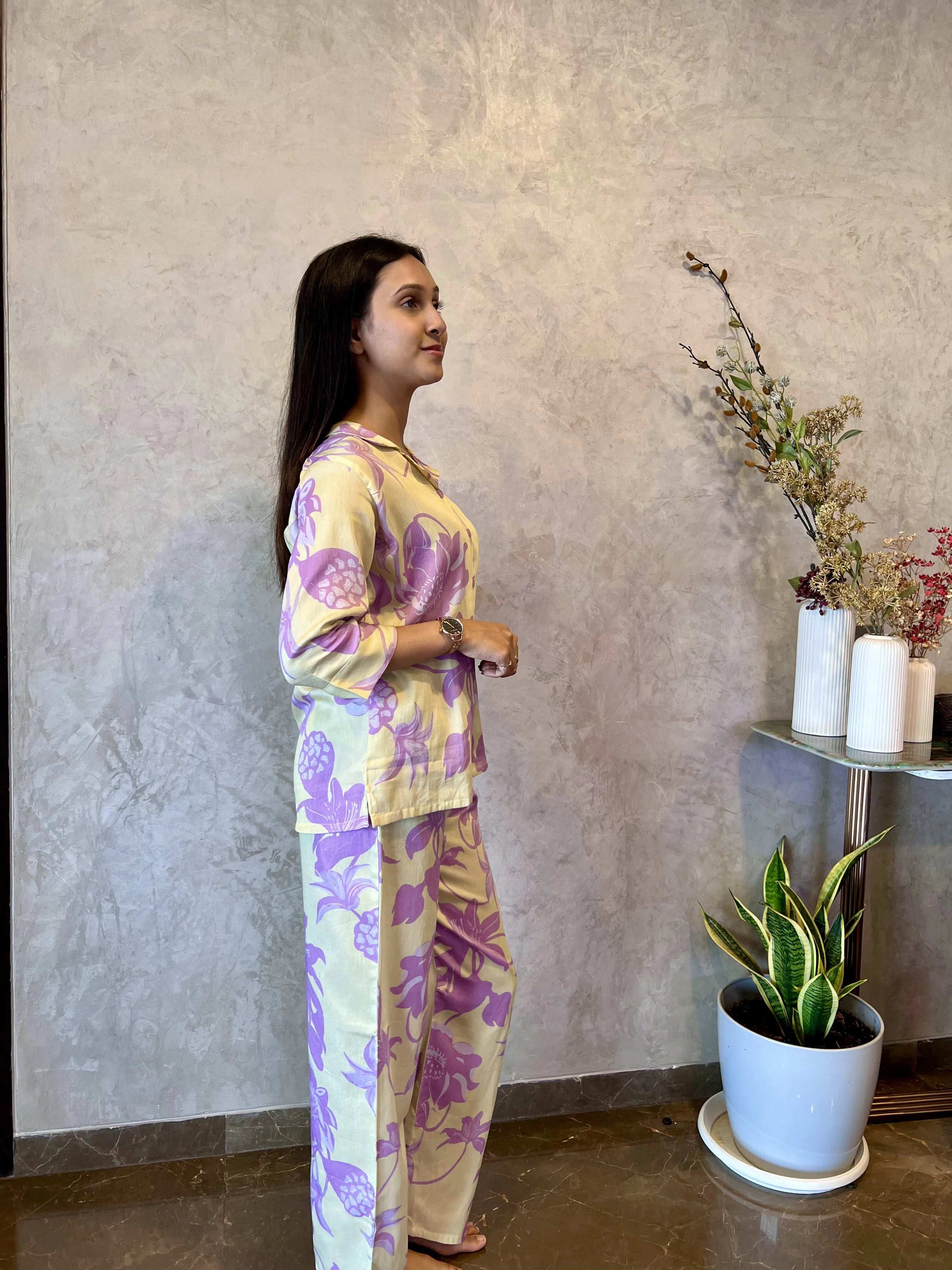 Velure Sweet Cozy Floral Cotton Night Suit - Velure - - 3/4 Sleeves, Collar Neck, Cotton, Floral Print, Front Button Open, Full Length Pant