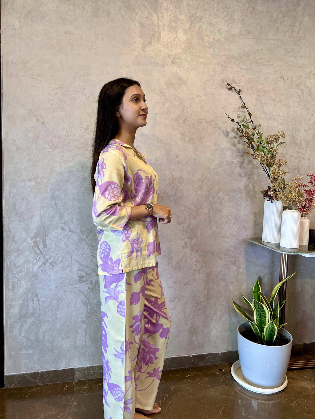 Velure Sweet Cozy Floral Cotton Night Suit - Velure - - 3/4 Sleeves, Collar Neck, Cotton, Floral Print, Front Button Open, Full Length Pant