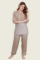 Velure Brown Dual Shade Kurti Style Night Suit - Velure - Long Top and Pant - 