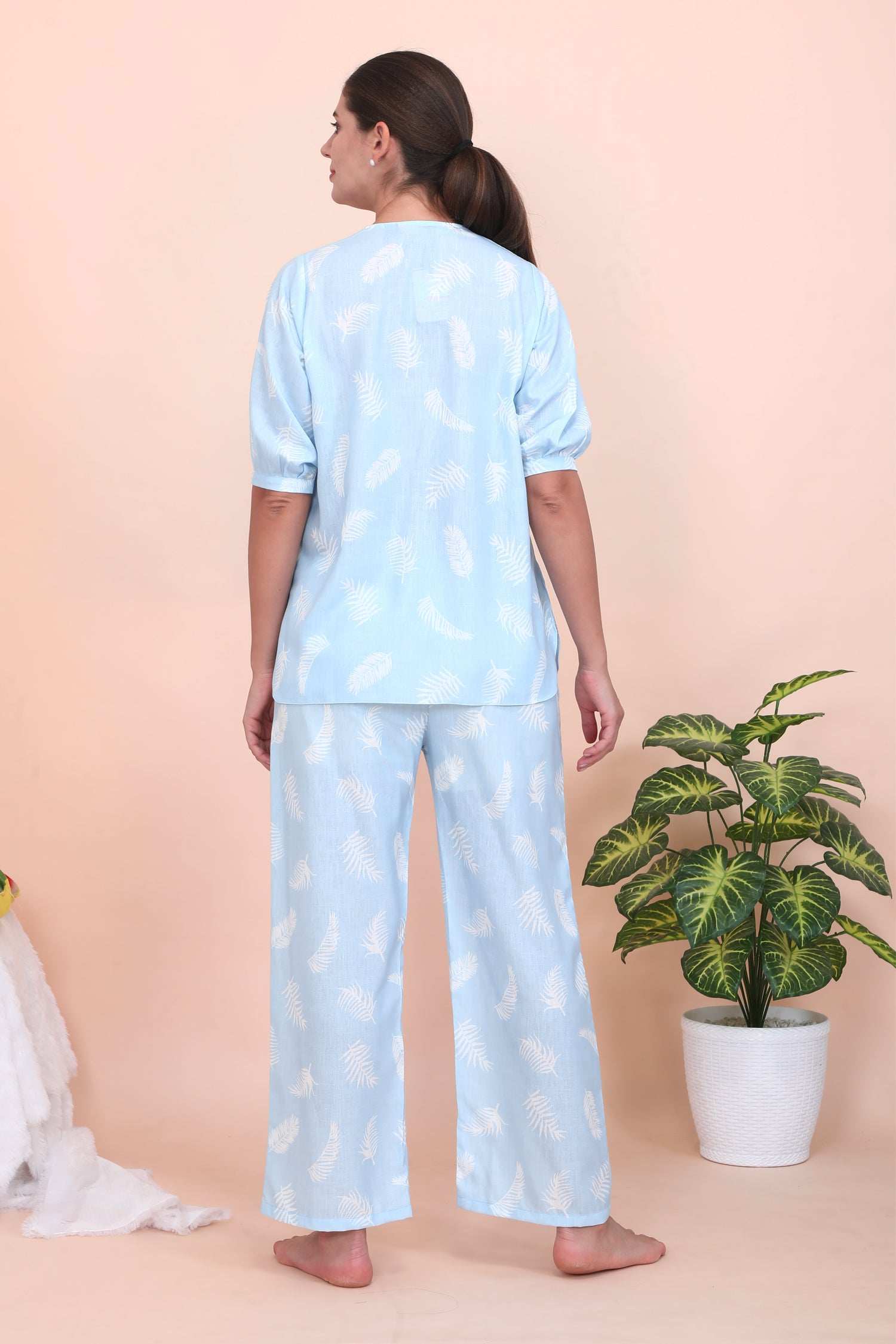 Velure Vintage Blue Leaves Print Co-ord Set - Velure - - 3/4 Sleeves, Cotton, Full Length Pant, V Neck