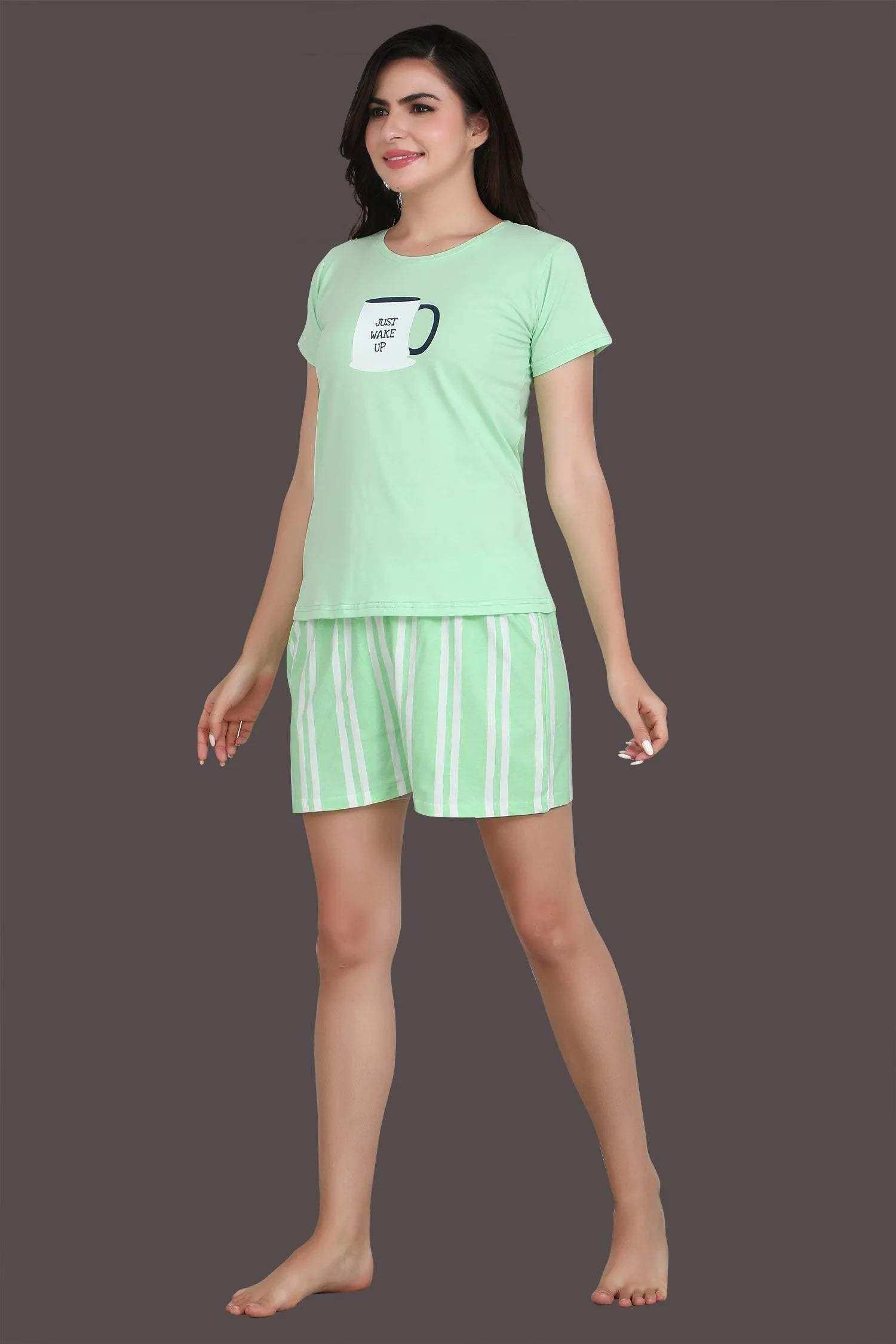 Velure Just Wake Up Shorts Set - Velure - - Cotton Lycra Fabric, Half Sleeves, Printed, Round neck