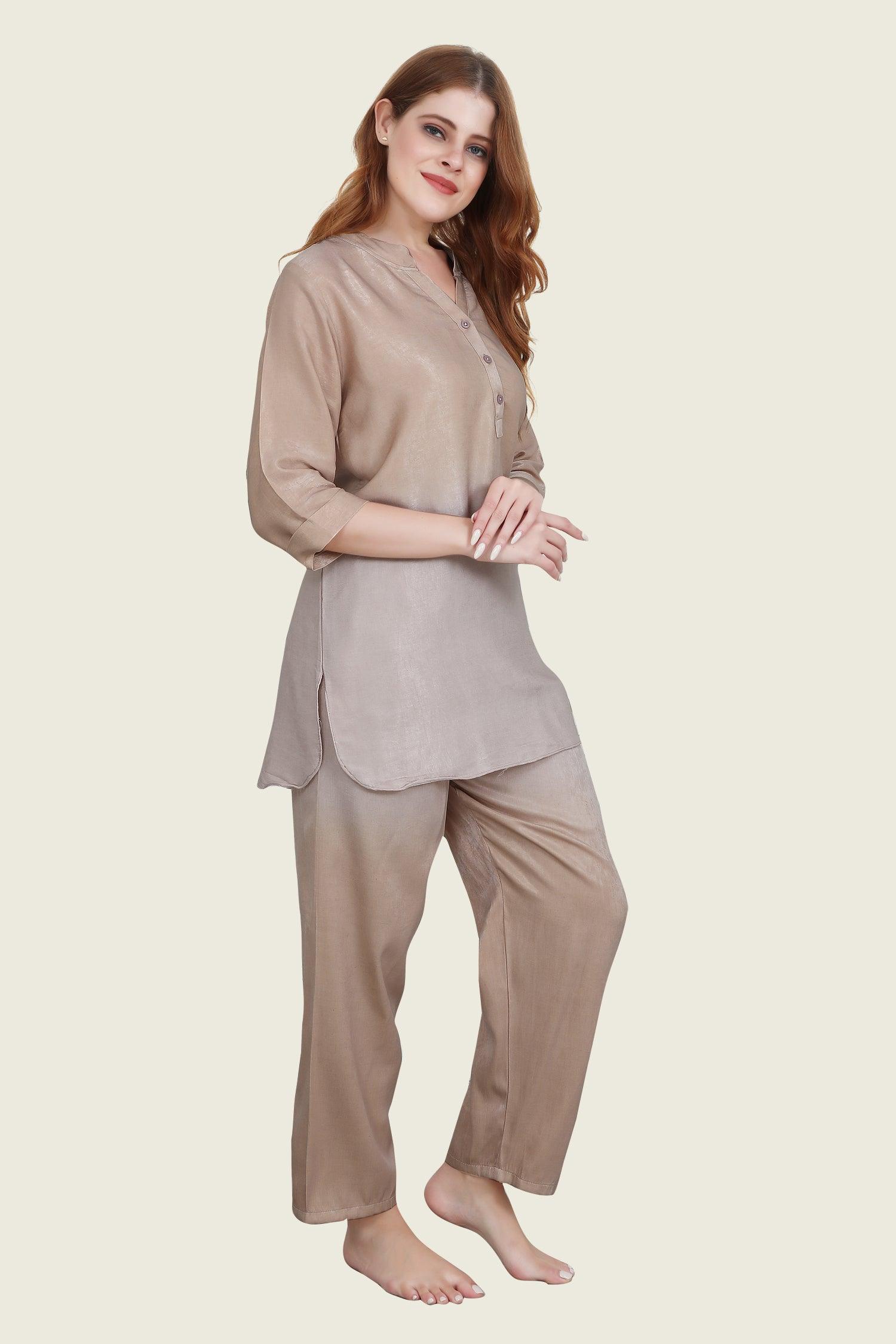 Velure Brown Dual Shade Kurti Style Night Suit - Velure - Long Top and Pant - 