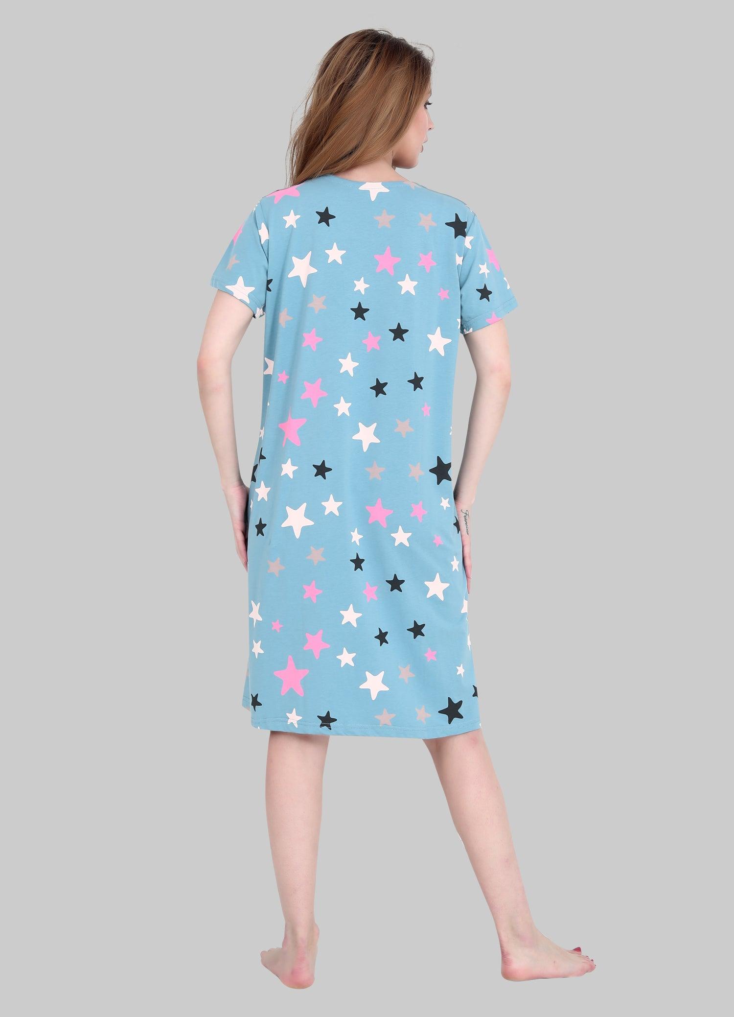 Velure Stars Print Short Nighty - Velure - Short Nighty - Cotton, Half Sleeves, Knee Length, Printed, Round neck