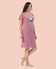 Velure Cheerful Teddy Print Short Nighty - Velure - - Cotton, Half Sleeves, Knee Length, Printed, Round neck