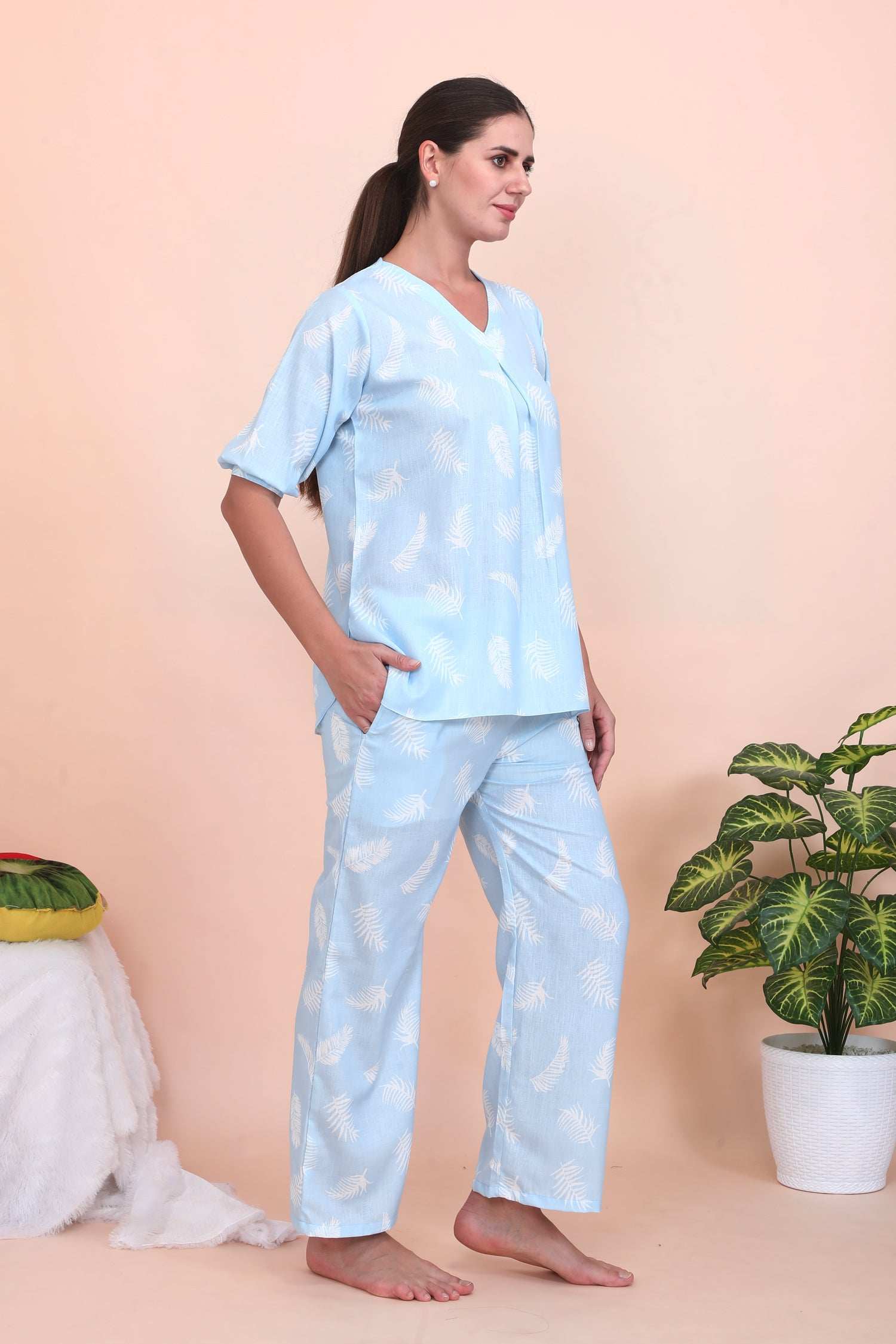Velure Vintage Blue Leaves Print Co-ord Set - Velure - - 3/4 Sleeves, Cotton, Full Length Pant, V Neck