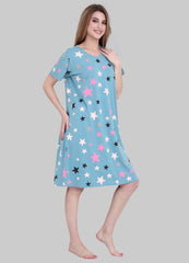 Velure Stars Print Short Nighty - Velure - Short Nighty - Cotton, Half Sleeves, Knee Length, Printed, Round neck