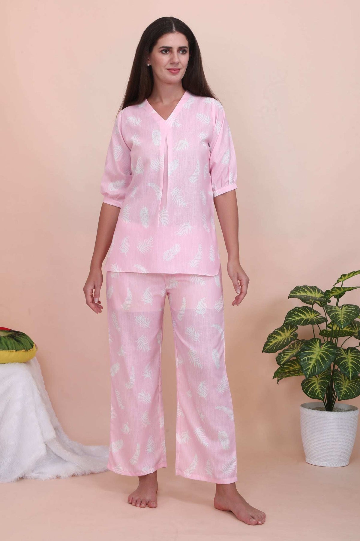 Velure Classic Pink Leaves Print Co-ord Set - Velure - - 3/4 Sleeves, Cotton, Full Length Pant, V Neck