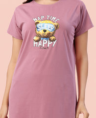 Velure Cheerful Teddy Print Short Nighty - Velure - - Cotton, Half Sleeves, Knee Length, Printed, Round neck