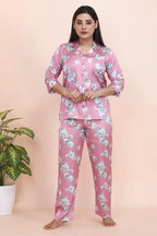 Velure Pink Floral Print Night Suit - Velure - - 3/4 Sleeves, Collar Neck, Front Button Open, Full Length Pant, Satin