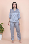 Velure Grey Casual Polkadot Satin Night Suit - Velure - - 3/4 Sleeves, Collar Neck, Front Button Open, Full Length Pant, Polka Dot, Satin