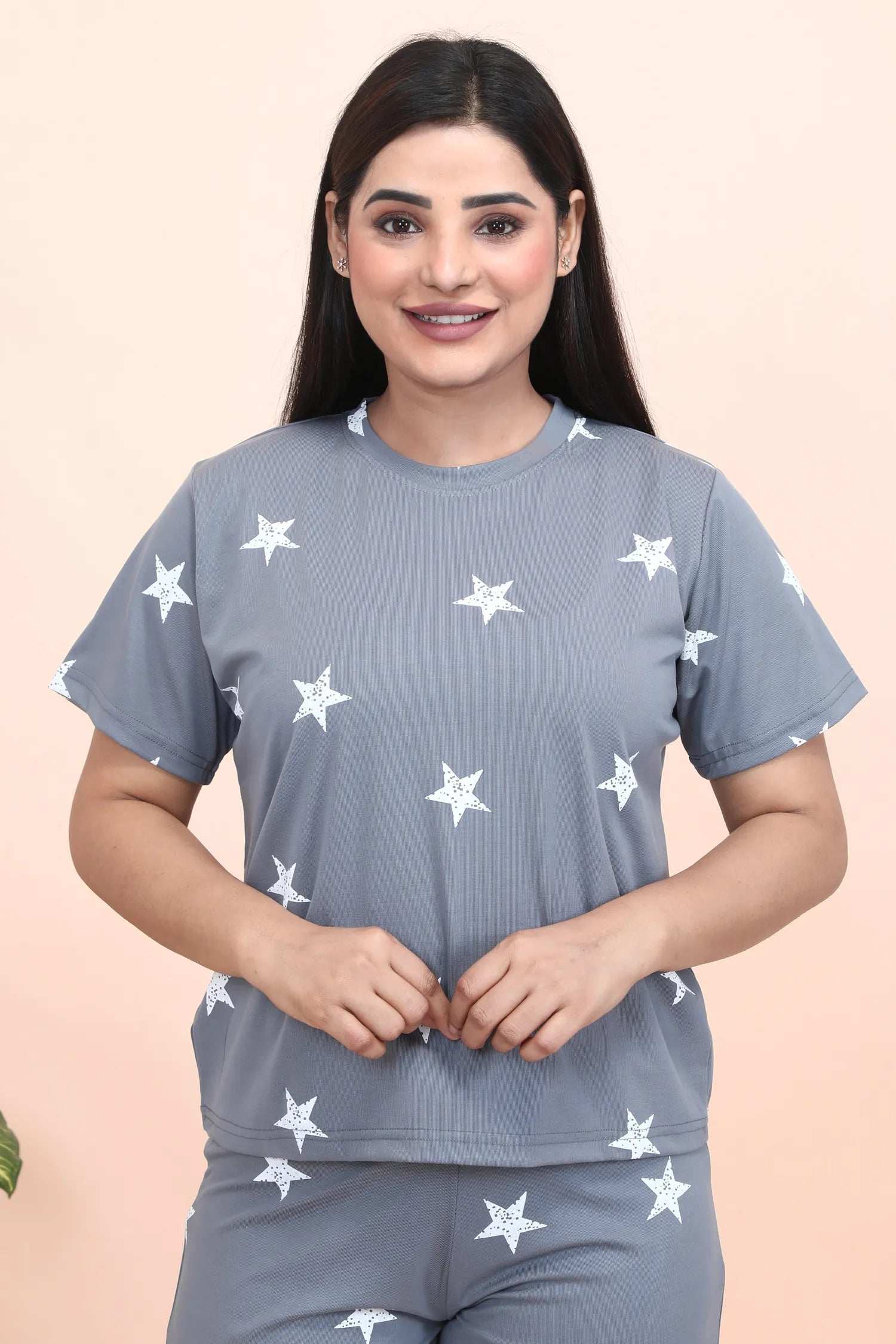 Velure Shiny Star Print Palazzo Night Suit - Velure - - Cotton Lycra Fabric, Full Length Pant, Half Sleeves, Round neck