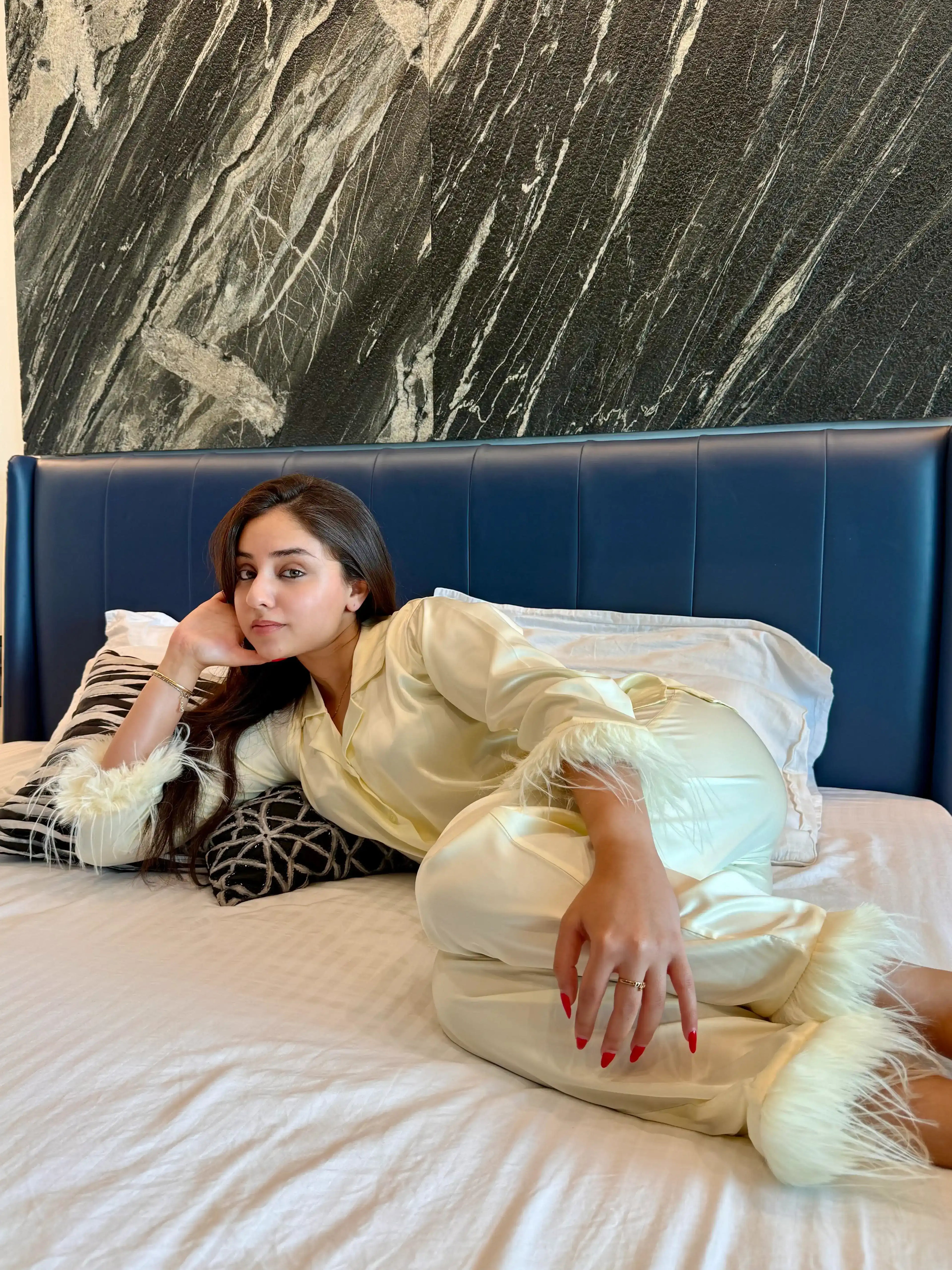 Velure Cheerful Fur Satin Night Suit - Velure - Shirt and Pant - 3/4 Sleeves, Collar Neck, Detail-plainfur, Front Button Open, Full Length Pant, Satin
