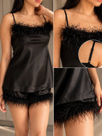 Velure Feathery Black Spaghetti Shorts Set