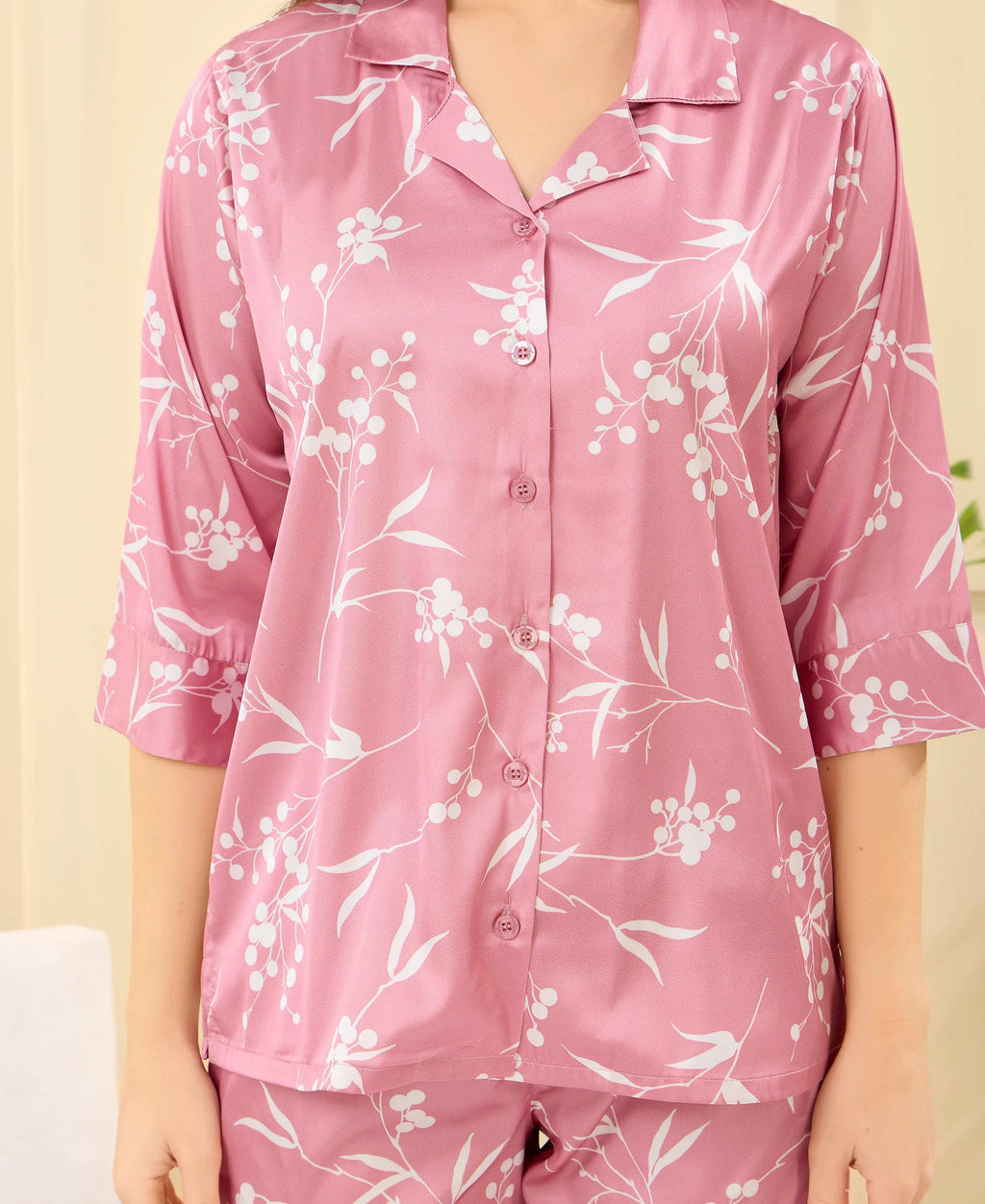 Velure Chic Flotal Print Satin Night Suit - Velure - - 3/4 Sleeves, Collar Neck, Floral Print, Front Button Open, Full Length Pant, Satin
