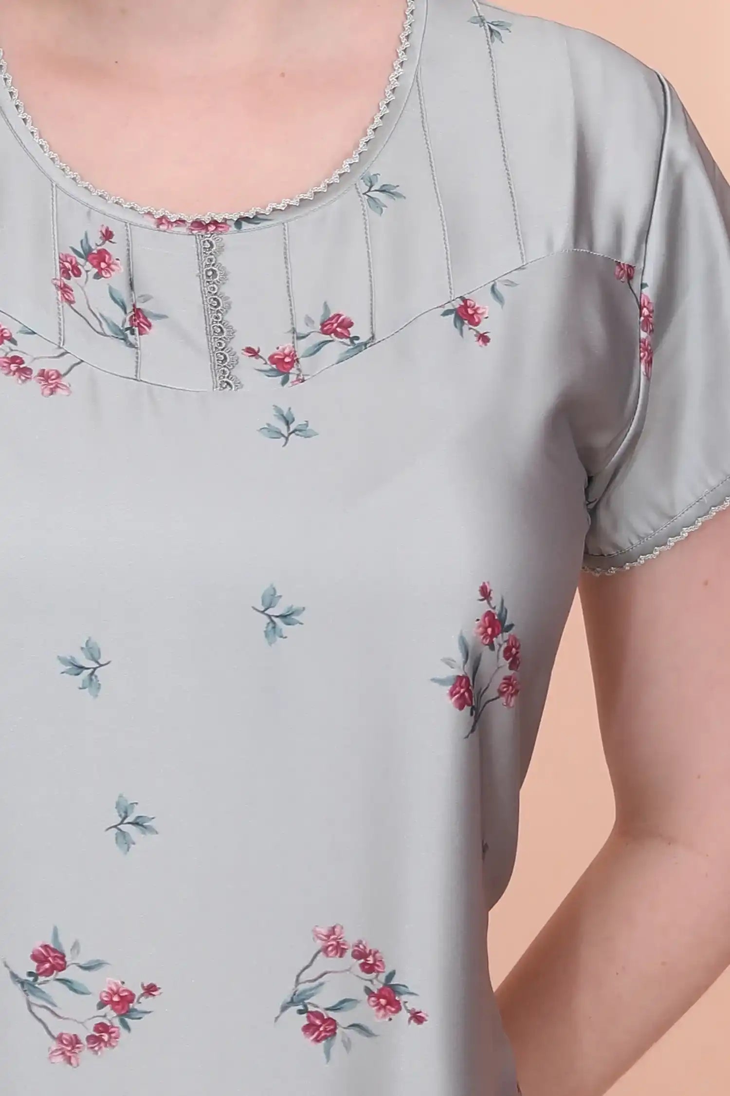 Velure Glossy Grey Floral Satin Nighty