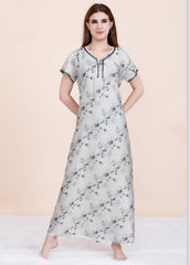 Velure Grey Floral Satin Nighty - Velure - - Floral Print, Full Length Nighty, Half Sleeves Nighty, Satin