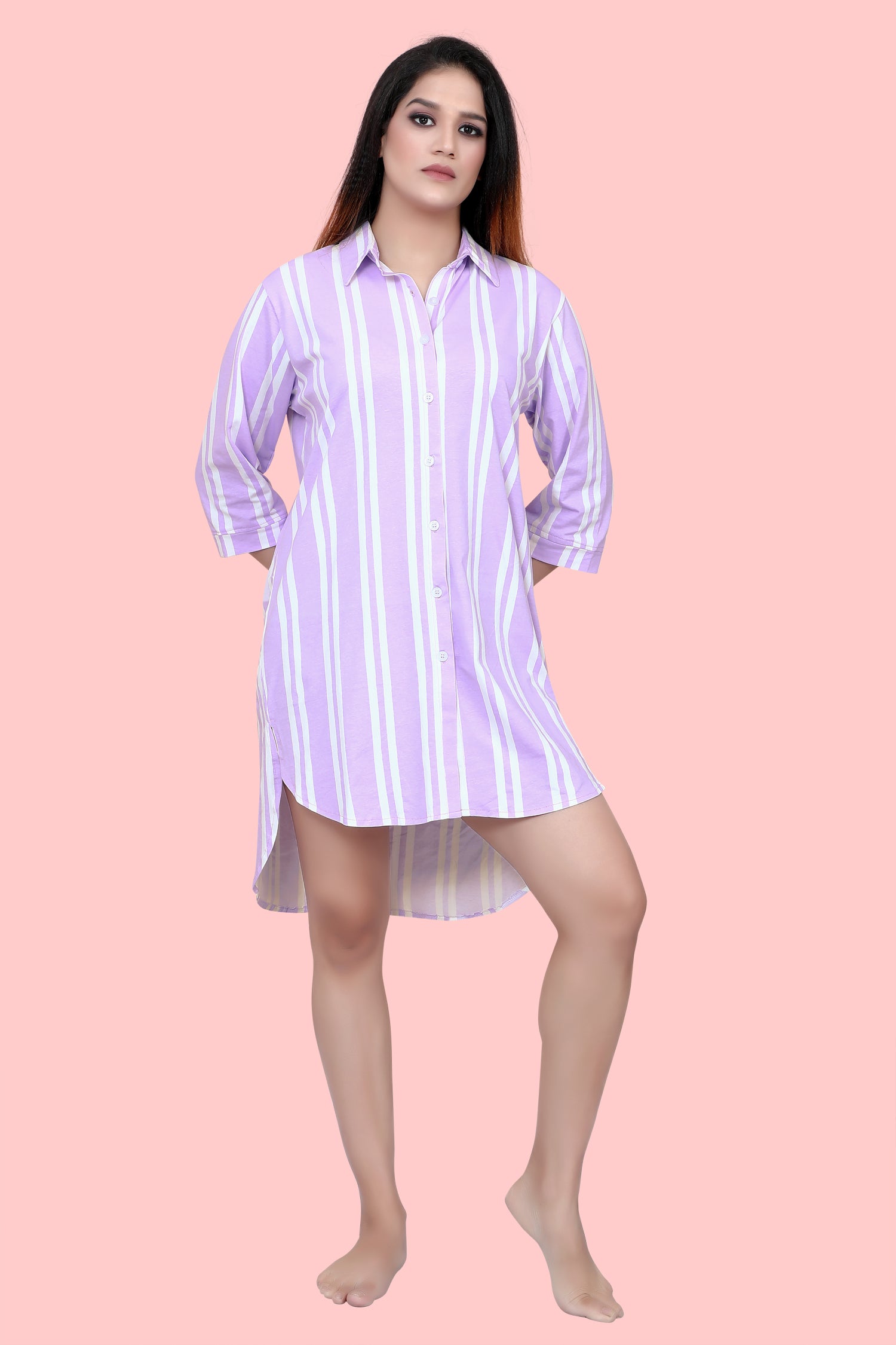 Velure Classic Purple Stripes Short Night Shirt - Velure, , Experience a restful night's rest with the Velure Classic Purple Stripes Short Night Shirt. This knee-length garment includes a collar, front button placket, and half sleeves, providing both style and comfort. The elegant stripes design adds a touch of refinement to this smooth nightgown. Purchase now for optimal relaxation.