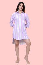 Velure Classic Purple Stripes Short Night Shirt - Velure - - Collar Neck, Cotton, Front Button Open, Knee Length, Stripes