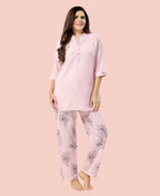 Velure Stylish Floral Print Kurti Style Night Suit - Velure - - 3/4 Sleeves, Collar Neck, Full Length Pant, Linen, Printed