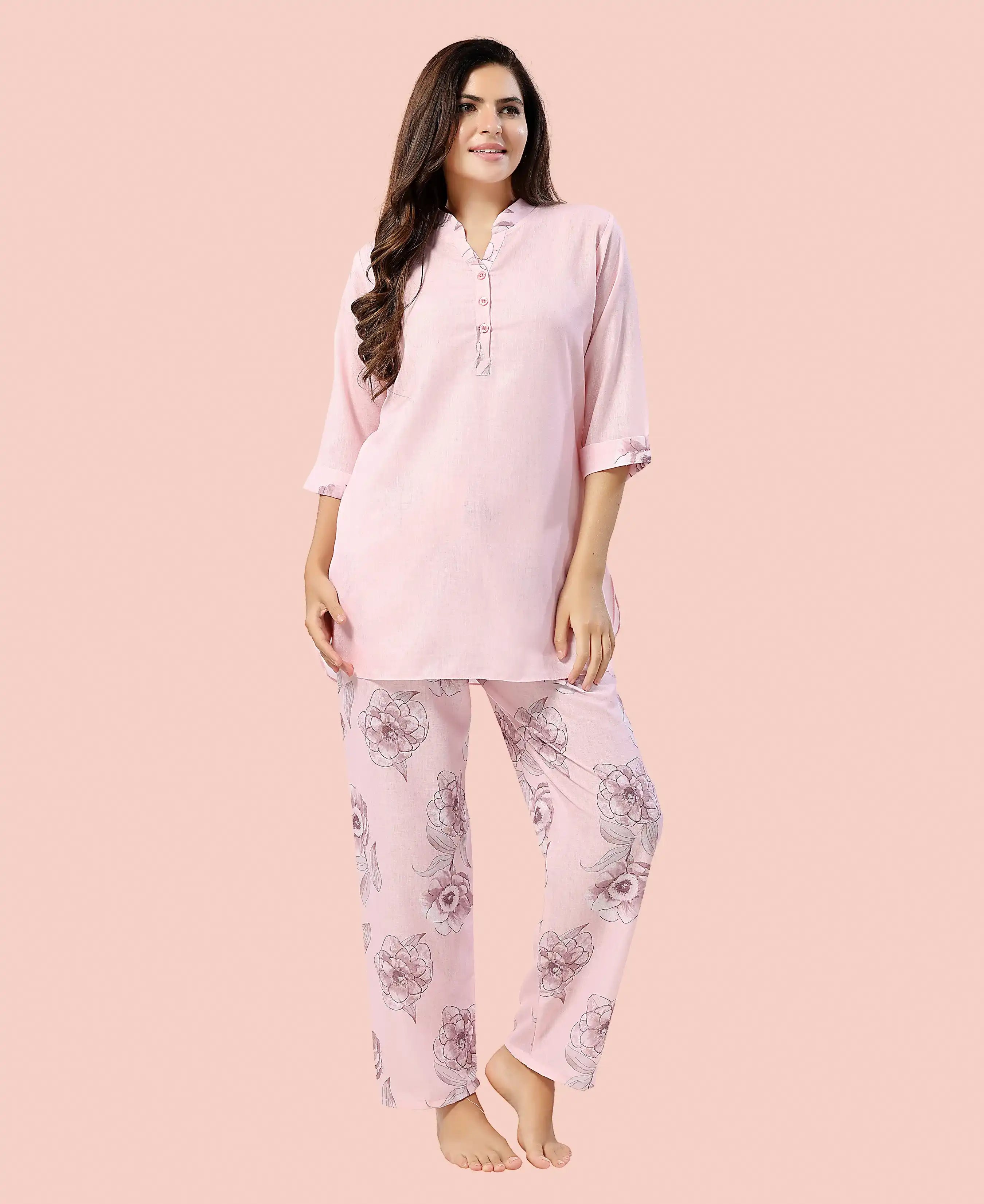Velure Stylish Floral Print Kurti Style Night Suit - Velure - - 3/4 Sleeves, Collar Neck, Full Length Pant, Linen, Printed