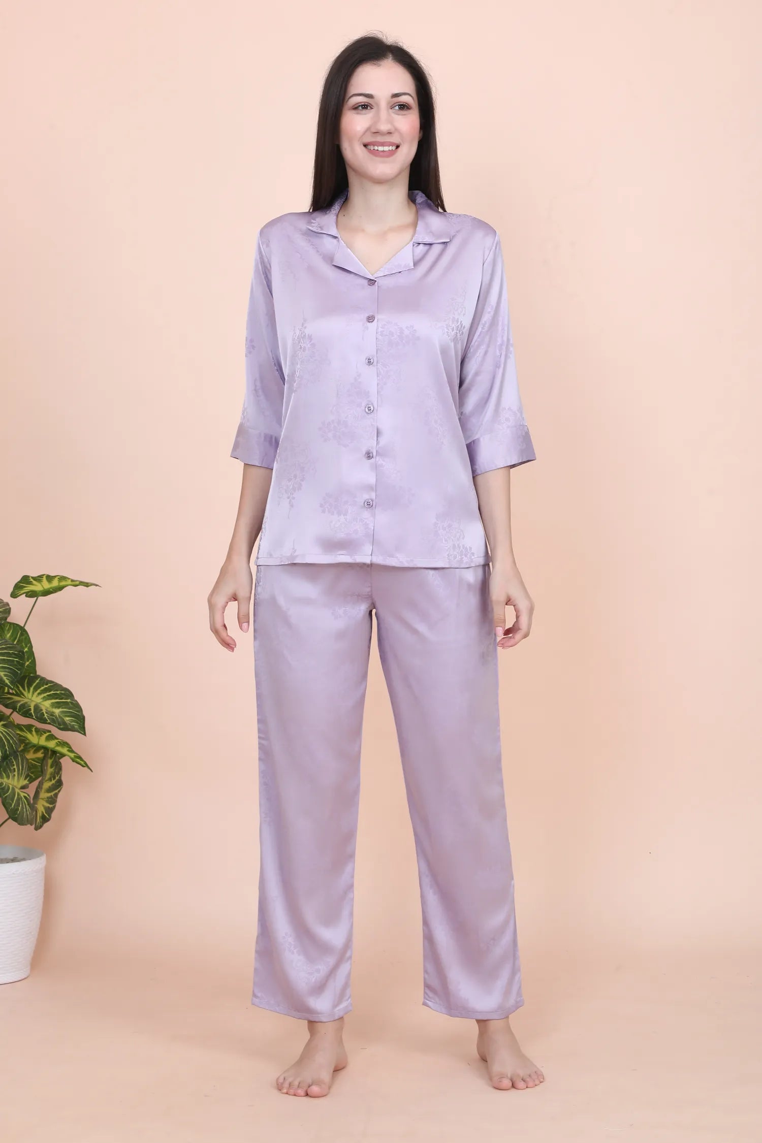Velure Ethnic Lavender Satin Night Suit - Velure - - 3/4 Sleeves, Collar Neck, Front Button Open, Full Length Pant, Printed, Satin
